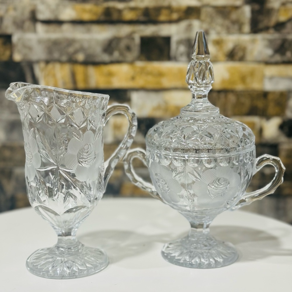 VTG 🥰 American Brilliant Glass Sugar Bowl With Lid & Creamer.